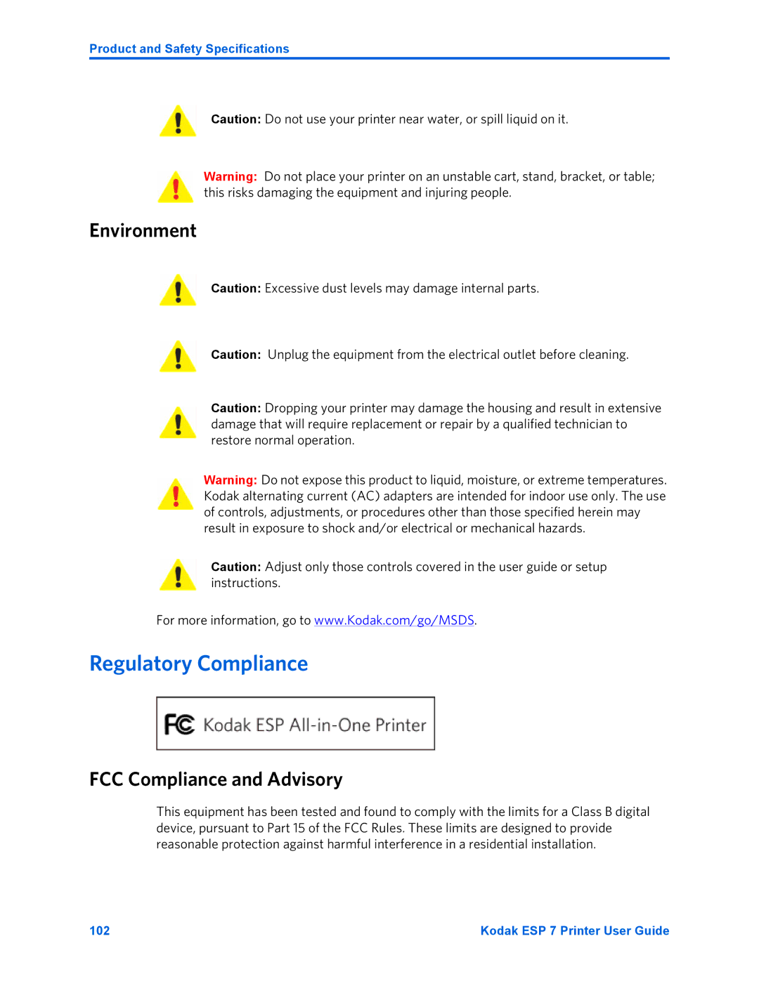 Kodak ESP 7 manual Regulatory Compliance, Environment, FCC Compliance and Advisory 