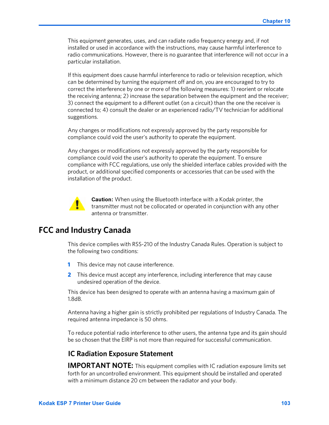 Kodak ESP 7 manual FCC and Industry Canada, IC Radiation Exposure Statement 