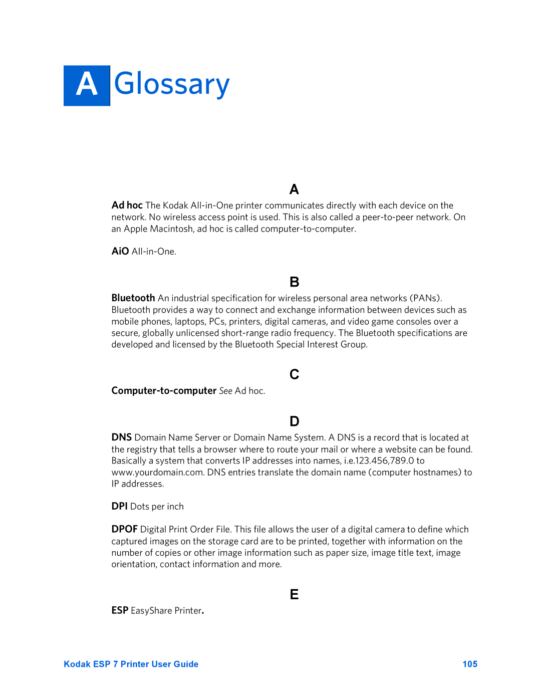 Kodak ESP 7 manual Glossary, Computer-to-computer See Ad hoc 