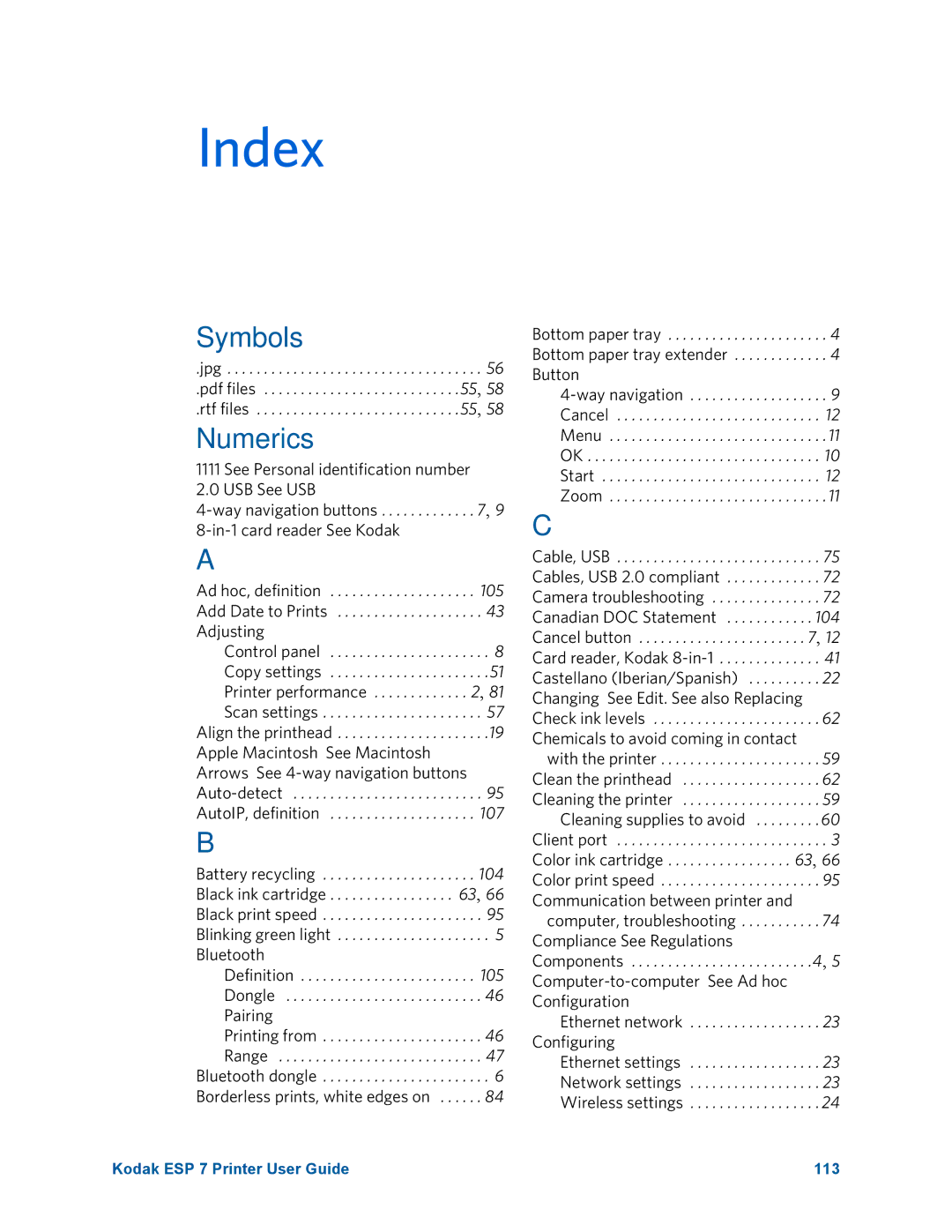 Kodak ESP 7 manual Index, Numerics 