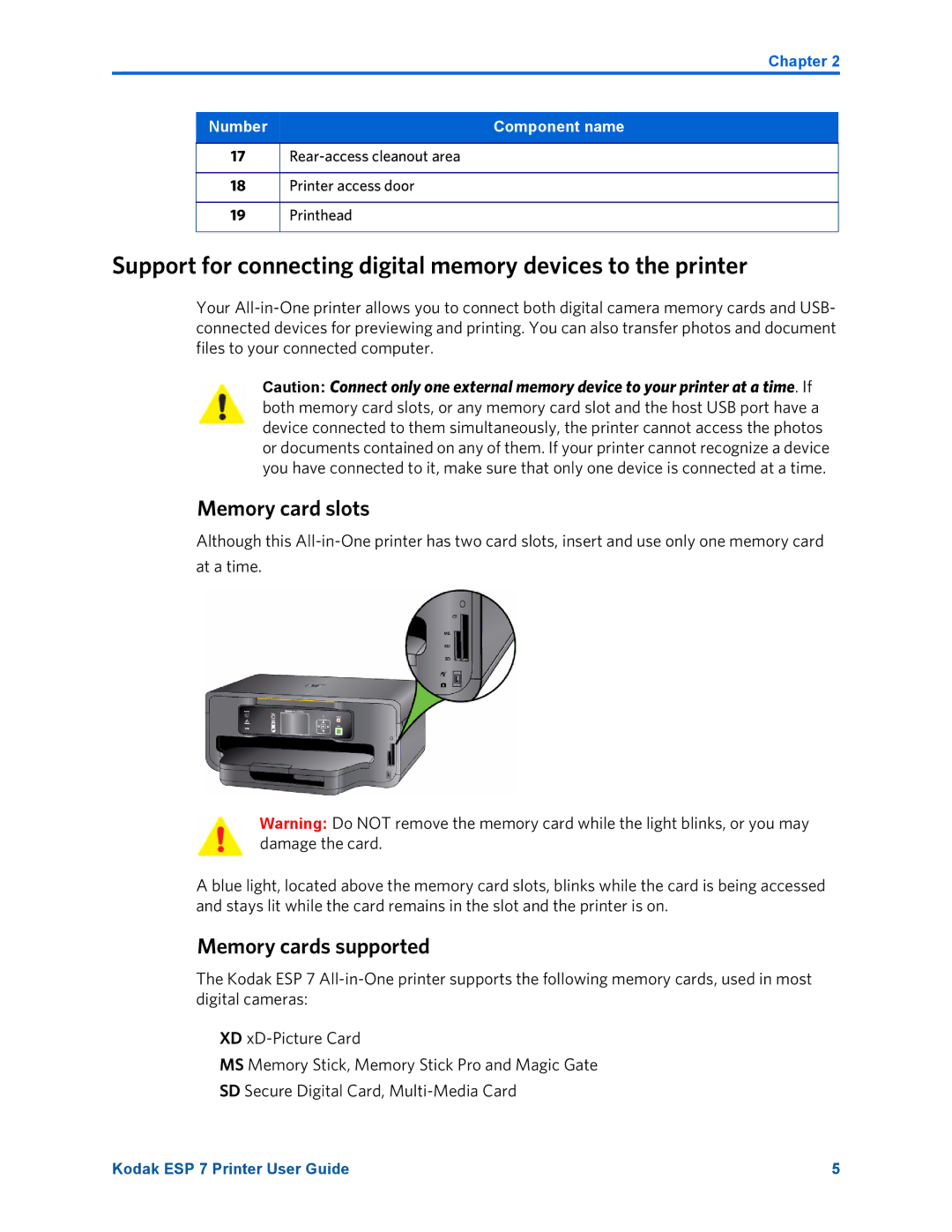 Kodak ESP 7 manual Memory card slots, Memory cards supported 