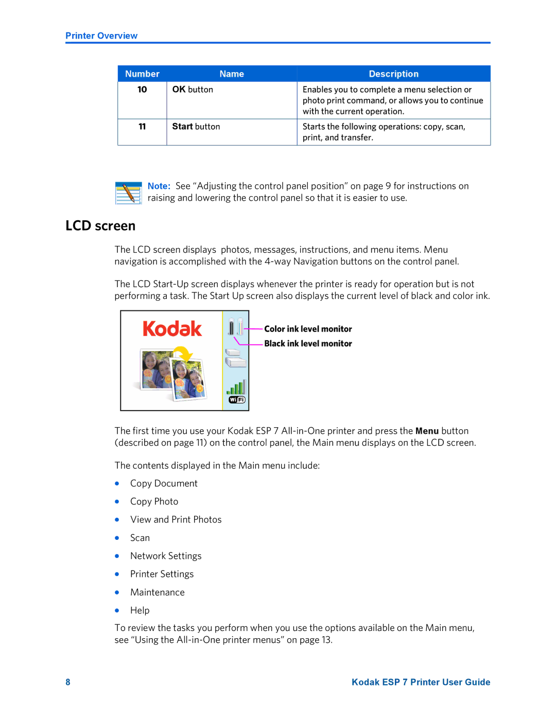 Kodak ESP 7 manual LCD screen, Color ink level monitor Black ink level monitor 