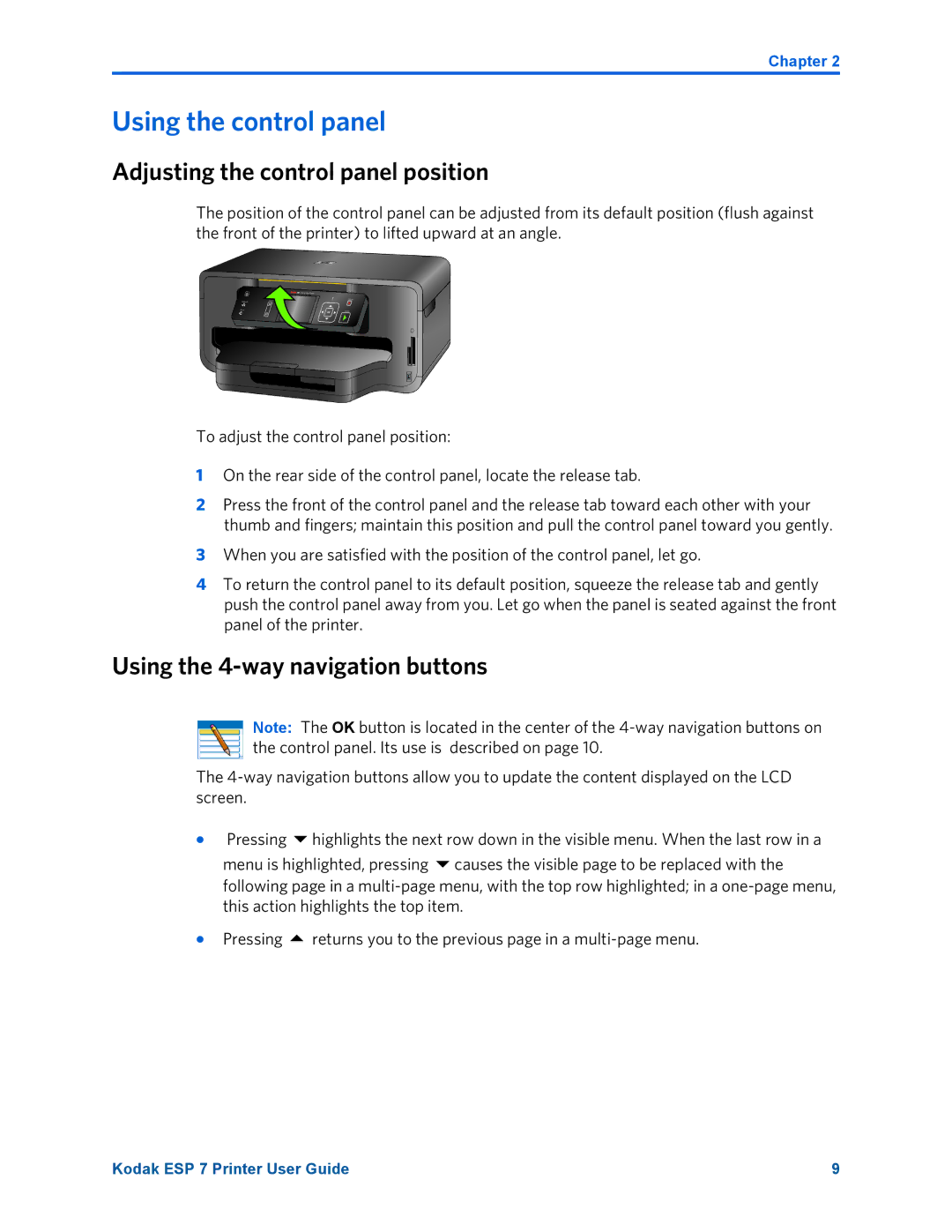 Kodak ESP 7 manual Using the control panel, Adjusting the control panel position, Using the 4-way navigation buttons 