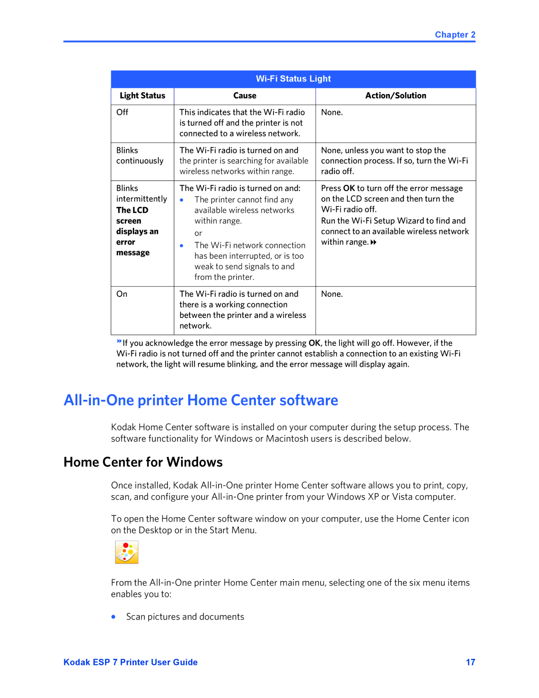Kodak ESP 7 manual All-in-One printer Home Center software, Home Center for Windows, Wi-Fi Status Light 