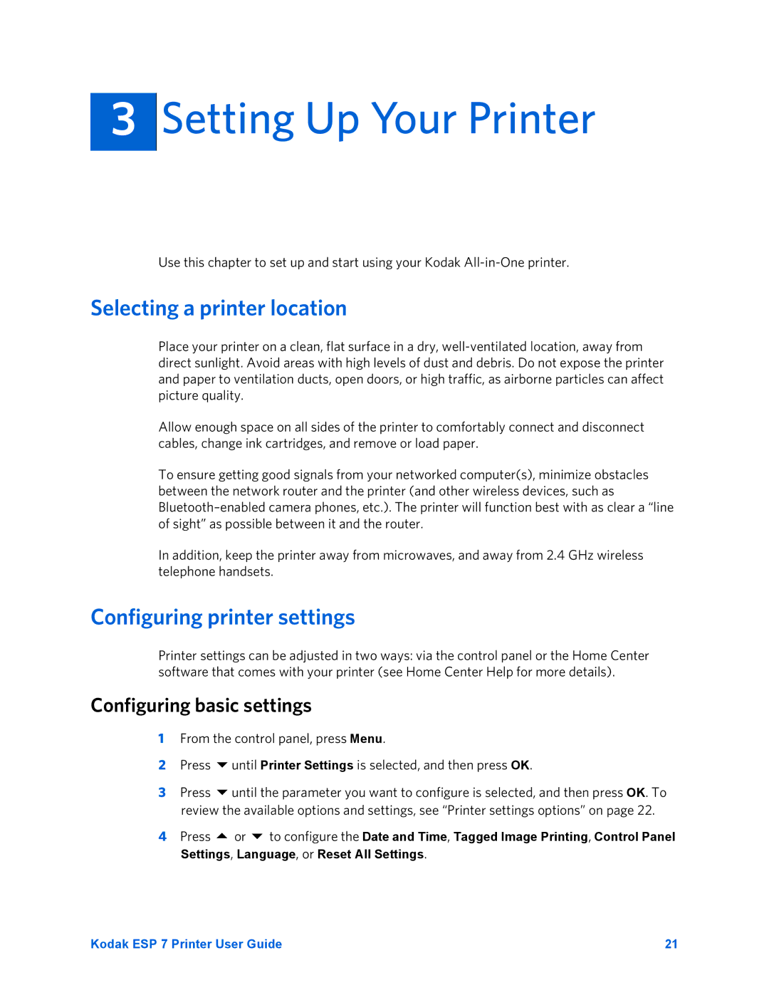 Kodak ESP 7 manual Setting Up Your Printer, Selecting a printer location, Configuring printer settings 