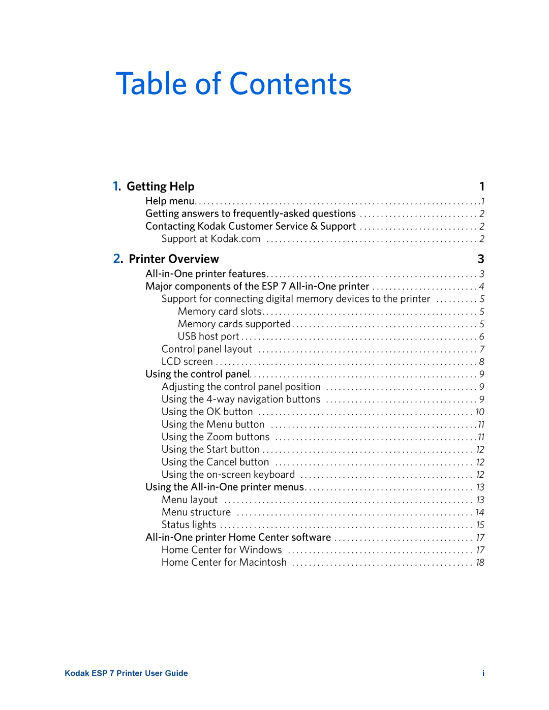 Kodak ESP 7 manual Table of Contents 