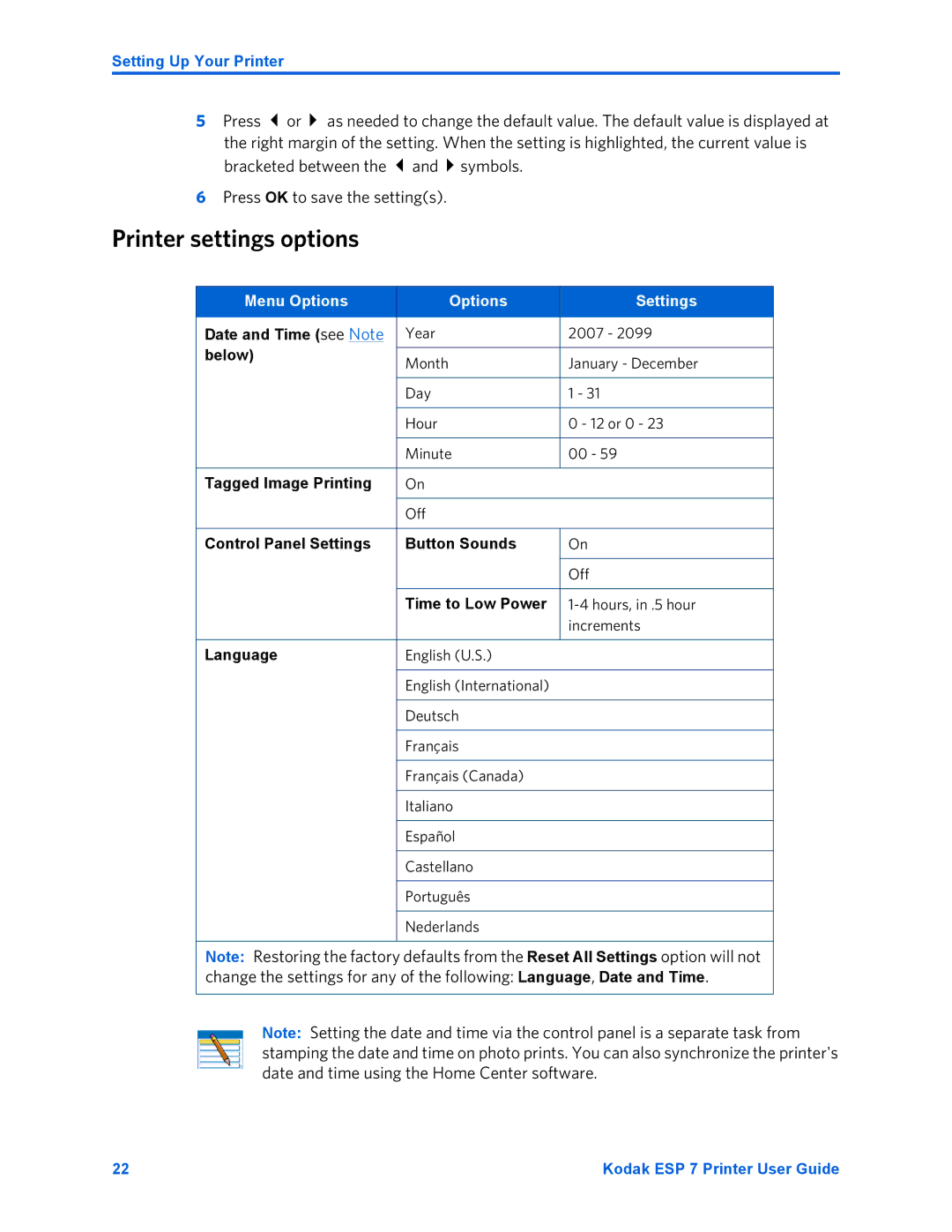 Kodak ESP 7 manual Printer settings options, Menu Options Settings 