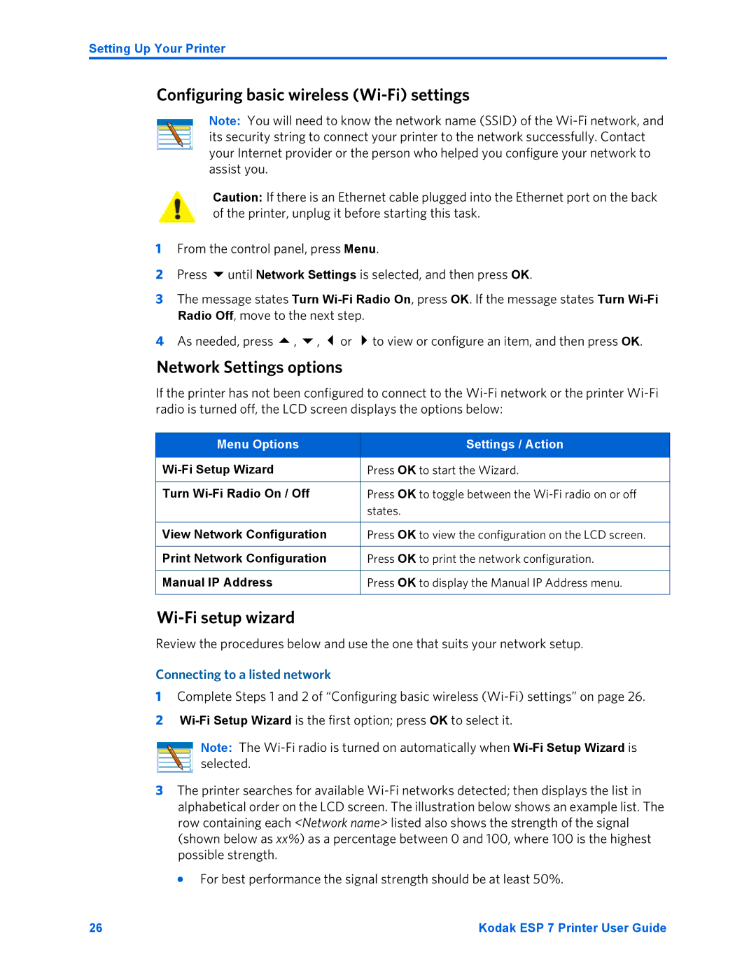 Kodak ESP 7 manual Configuring basic wireless Wi-Fi settings, Network Settings options, Wi-Fi setup wizard 