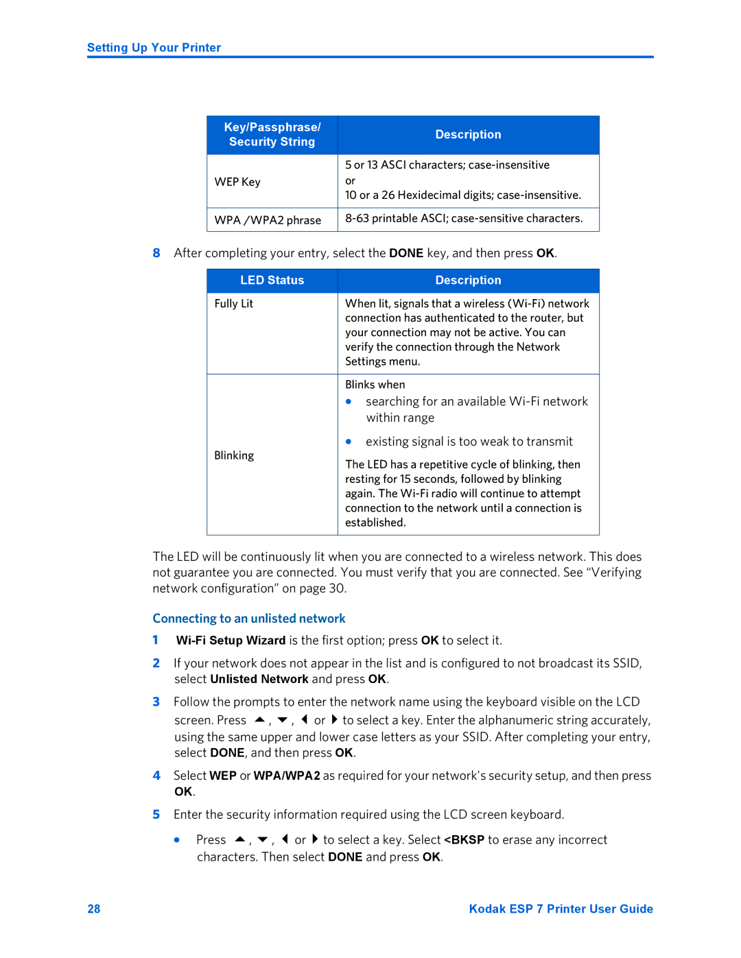 Kodak ESP 7 manual Connecting to an unlisted network, Key/Passphrase Description Security String 