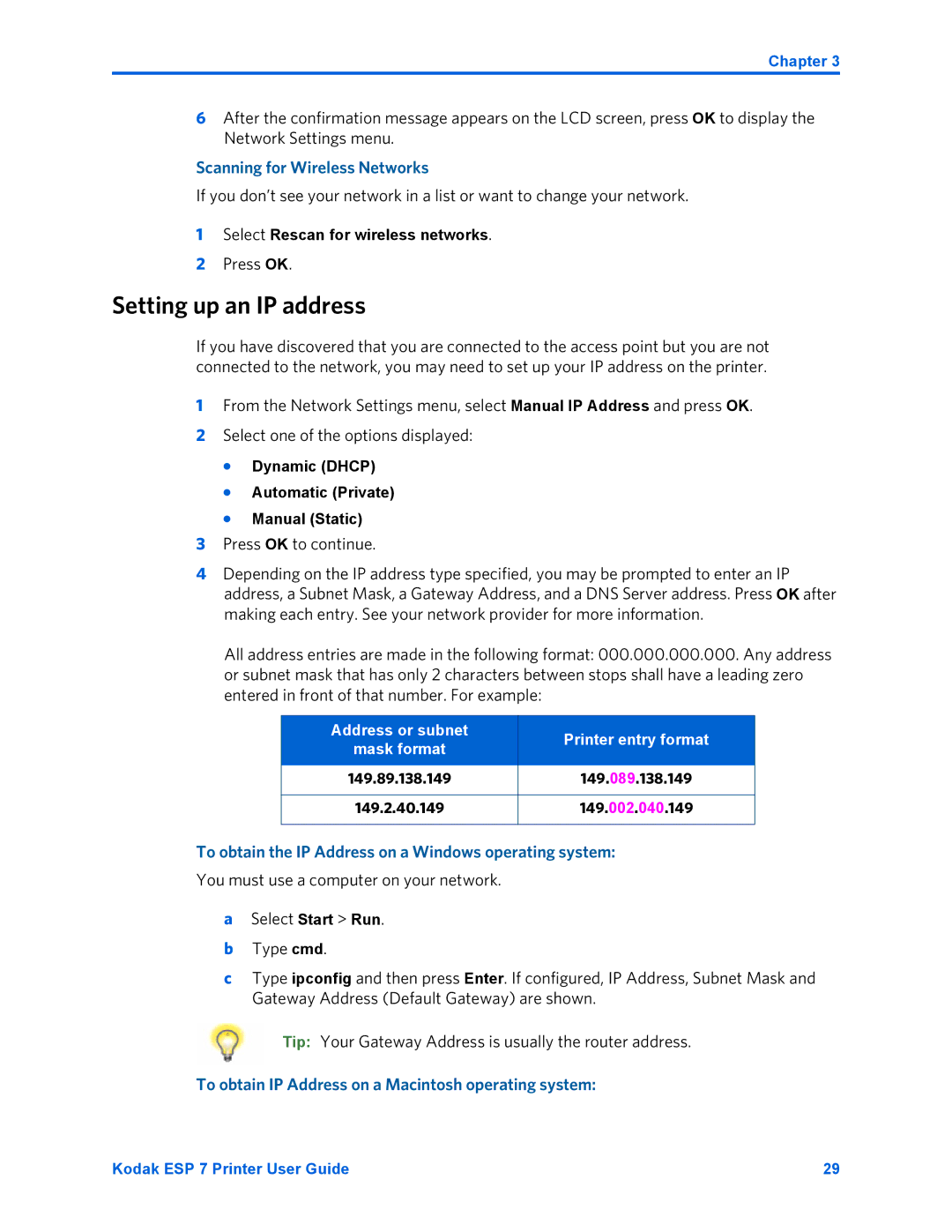 Kodak ESP 7 manual Setting up an IP address, Address or subnet Printer entry format Mask format 