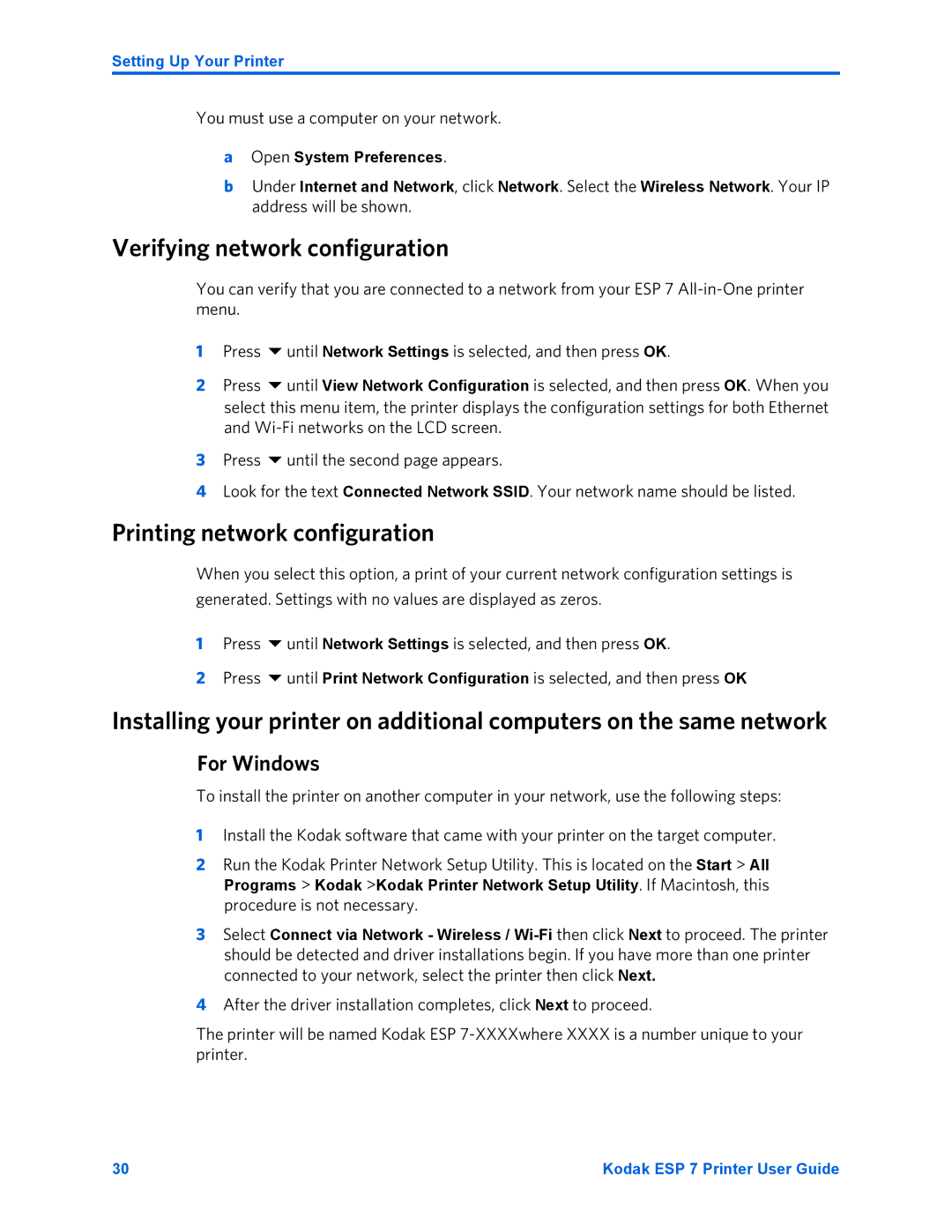 Kodak ESP 7 manual Verifying network configuration, Printing network configuration, For Windows 