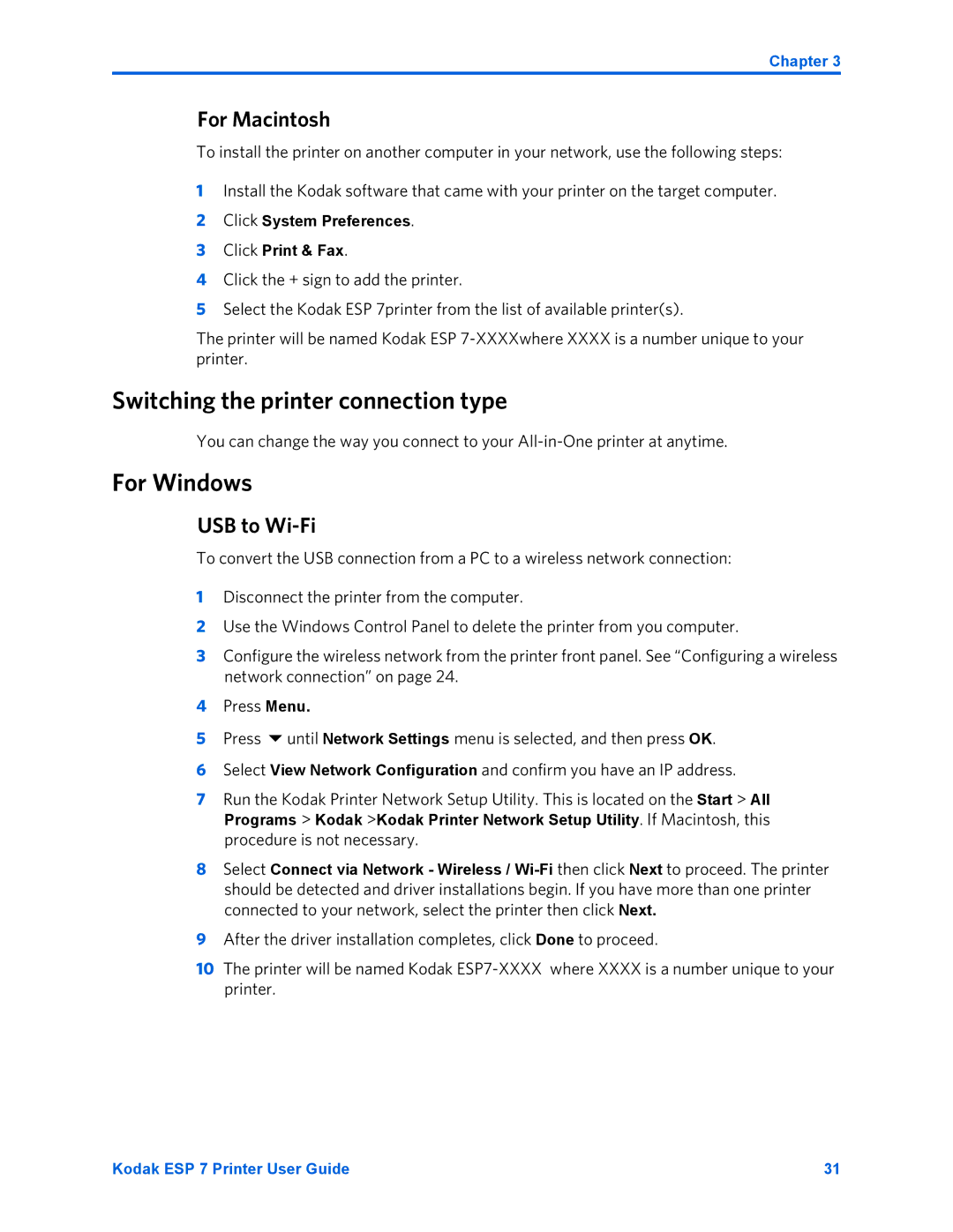 Kodak ESP 7 manual Switching the printer connection type, For Windows, USB to Wi-Fi 