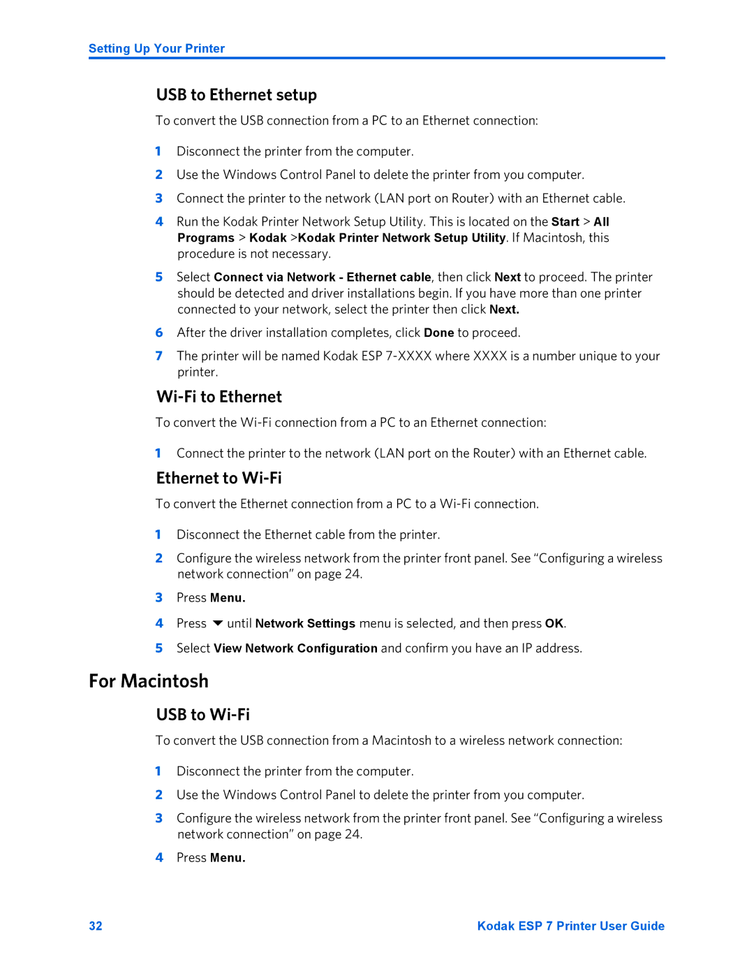 Kodak ESP 7 manual For Macintosh, USB to Ethernet setup, Wi-Fi to Ethernet, Ethernet to Wi-Fi 