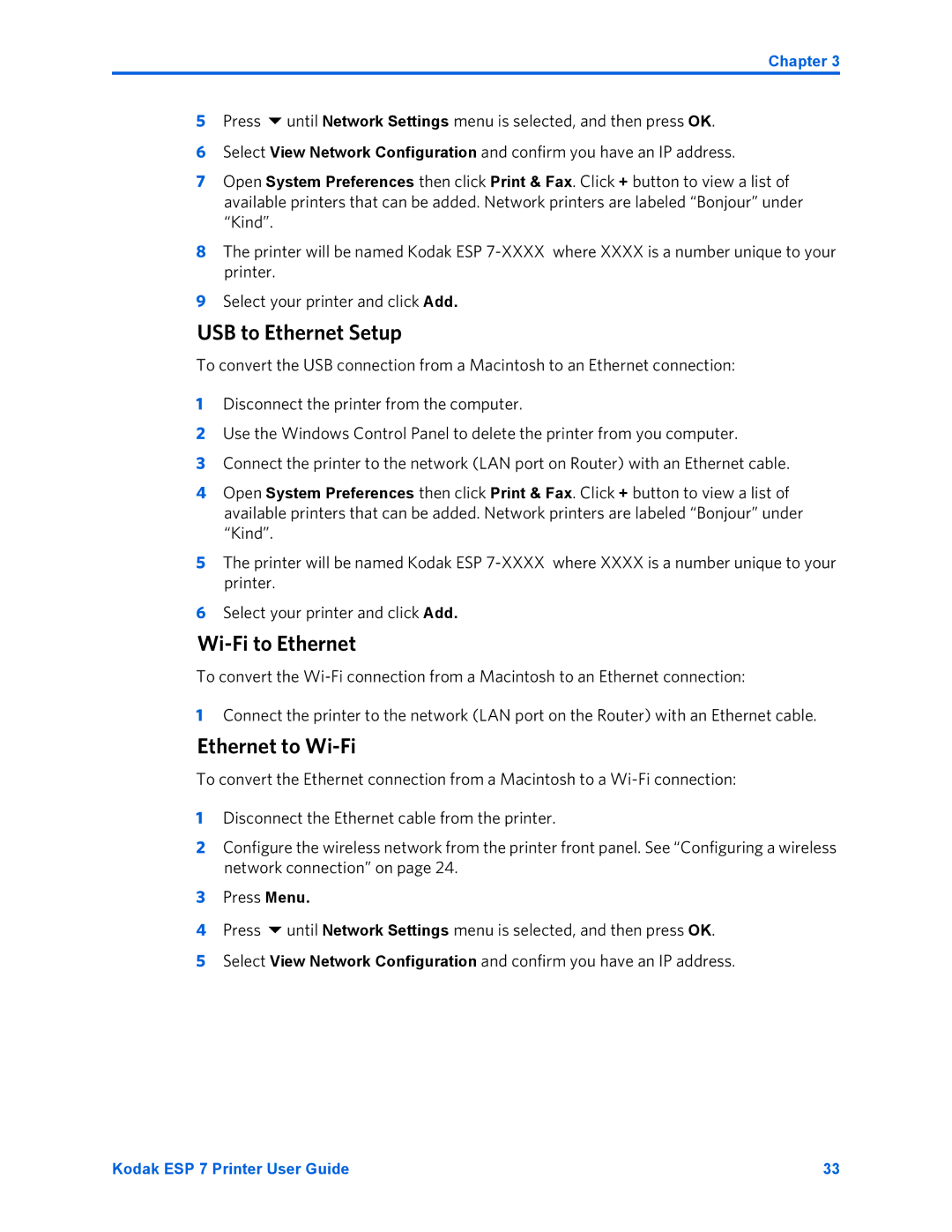 Kodak ESP 7 manual USB to Ethernet Setup 