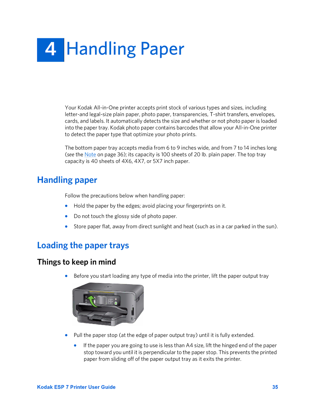 Kodak ESP 7 manual Handling Paper, Handling paper, Loading the paper trays, Things to keep in mind 