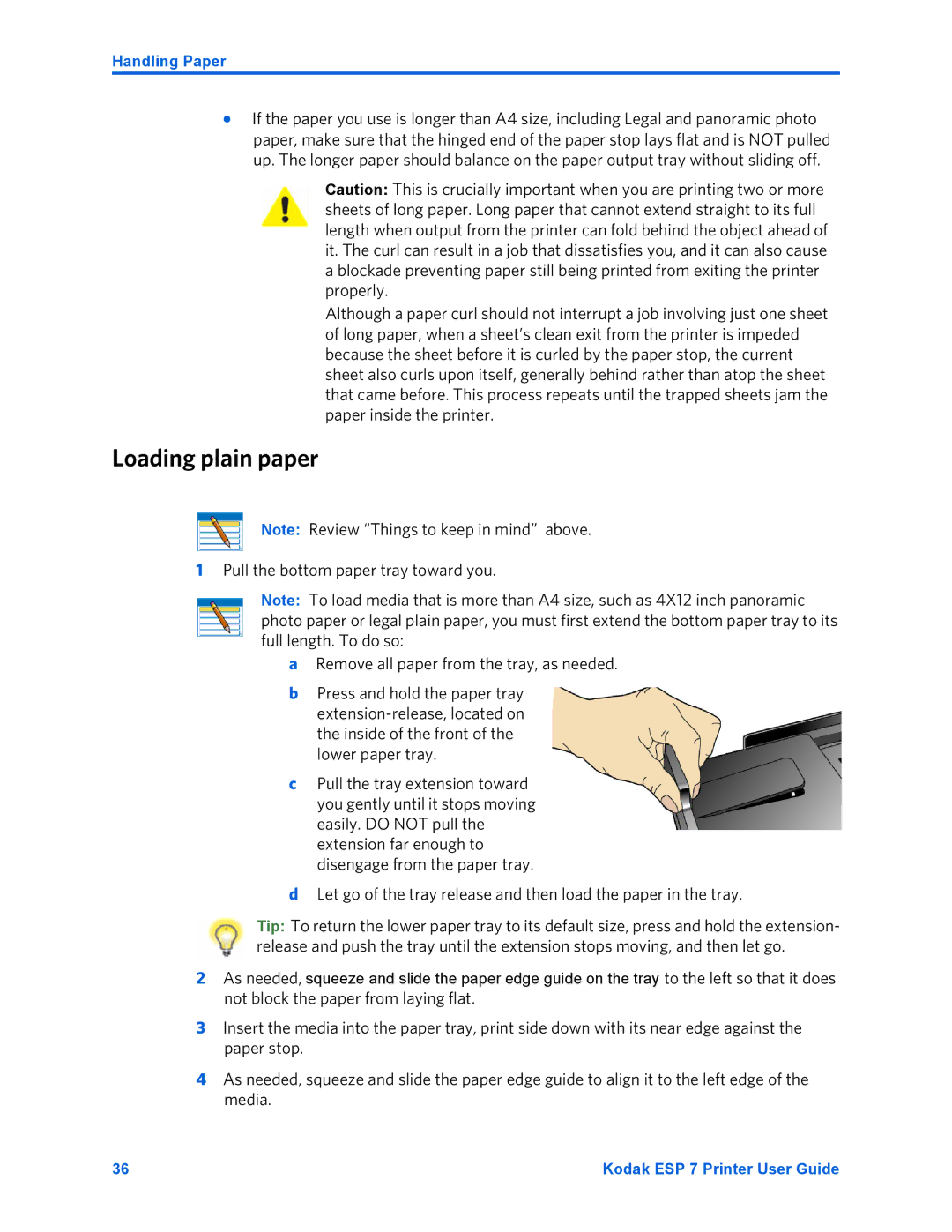 Kodak ESP 7 manual Loading plain paper, Handling Paper 