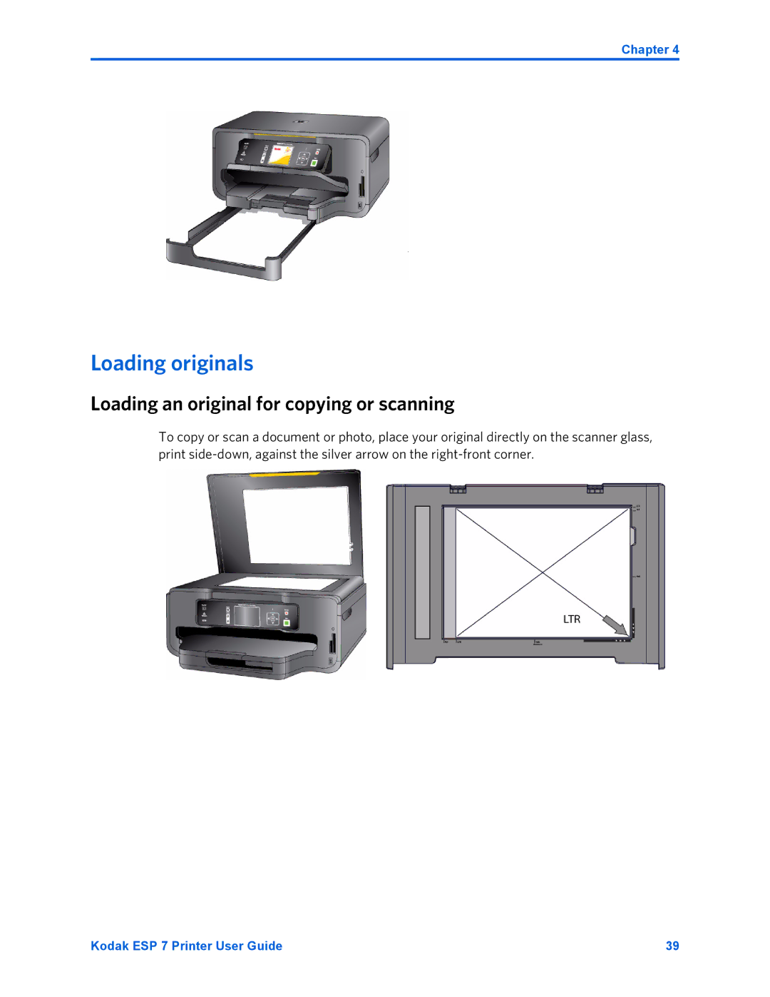 Kodak ESP 7 manual Loading originals, Loading an original for copying or scanning 