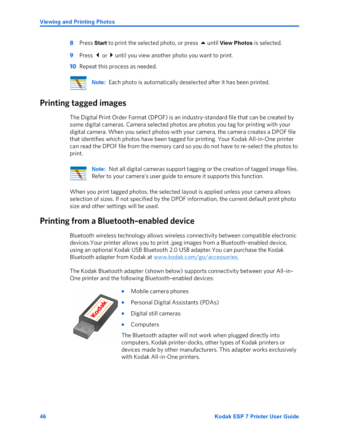 Kodak ESP 7 manual Printing tagged images, Printing from a Bluetooth-enabled device 