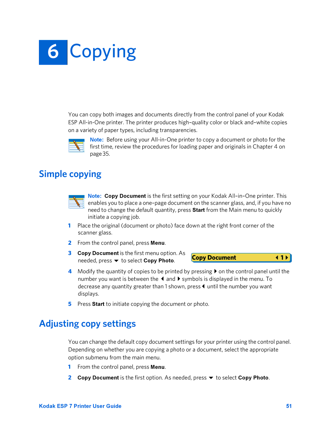 Kodak ESP 7 manual Copying, Simple copying, Adjusting copy settings 