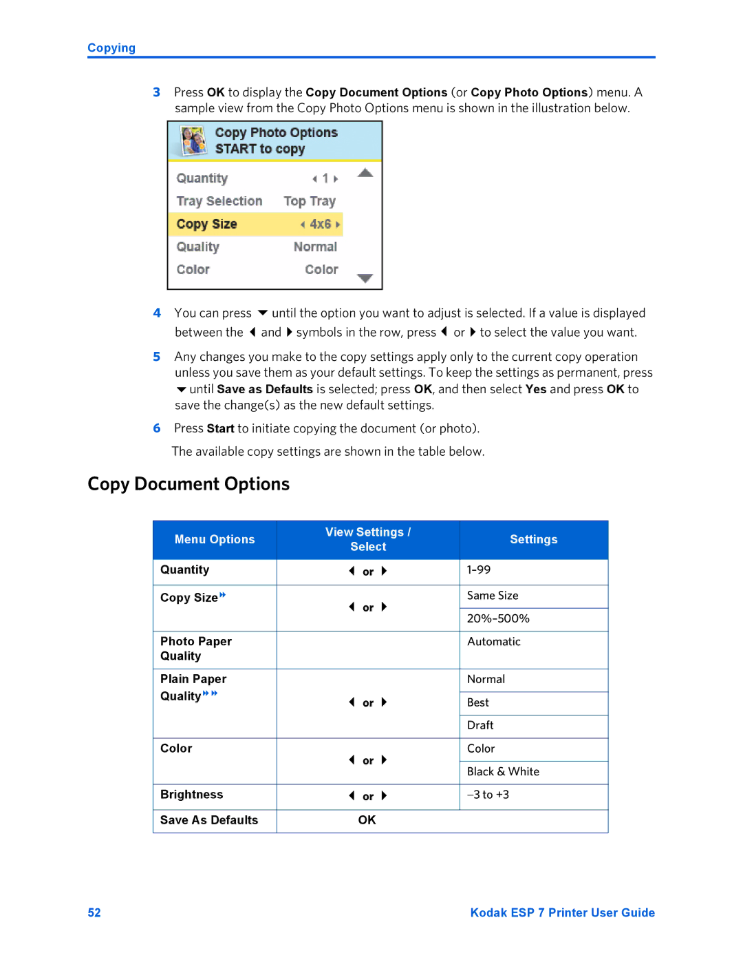 Kodak ESP 7 manual Copy Document Options, Menu Options View Settings 