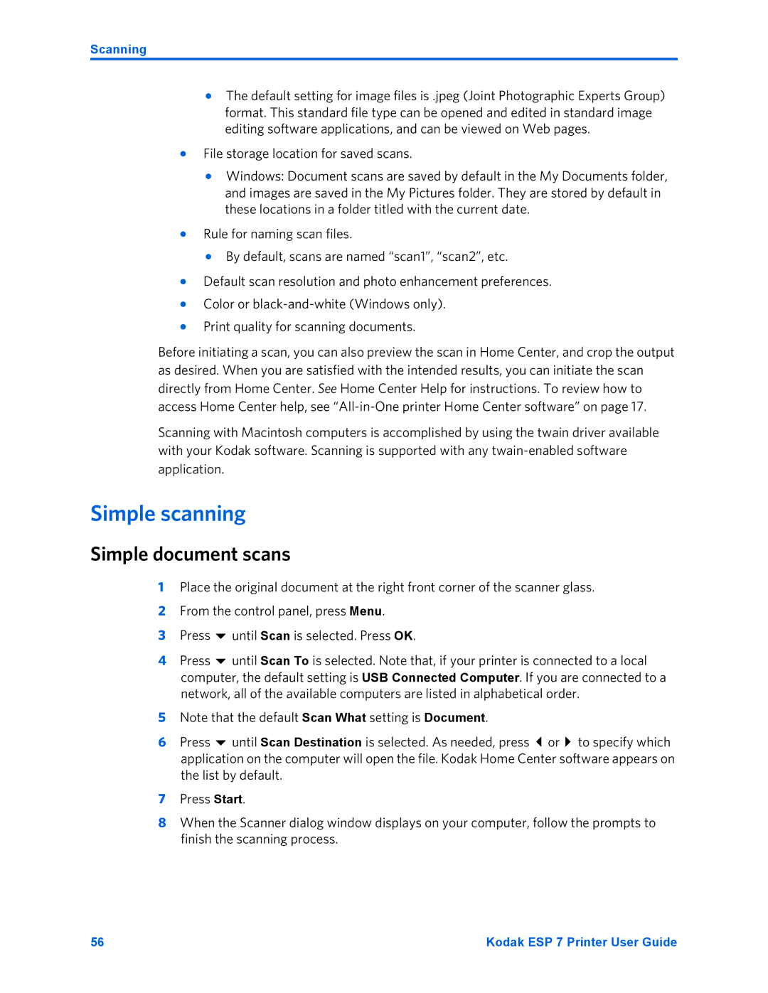 Kodak ESP 7 manual Simple scanning, Simple document scans 