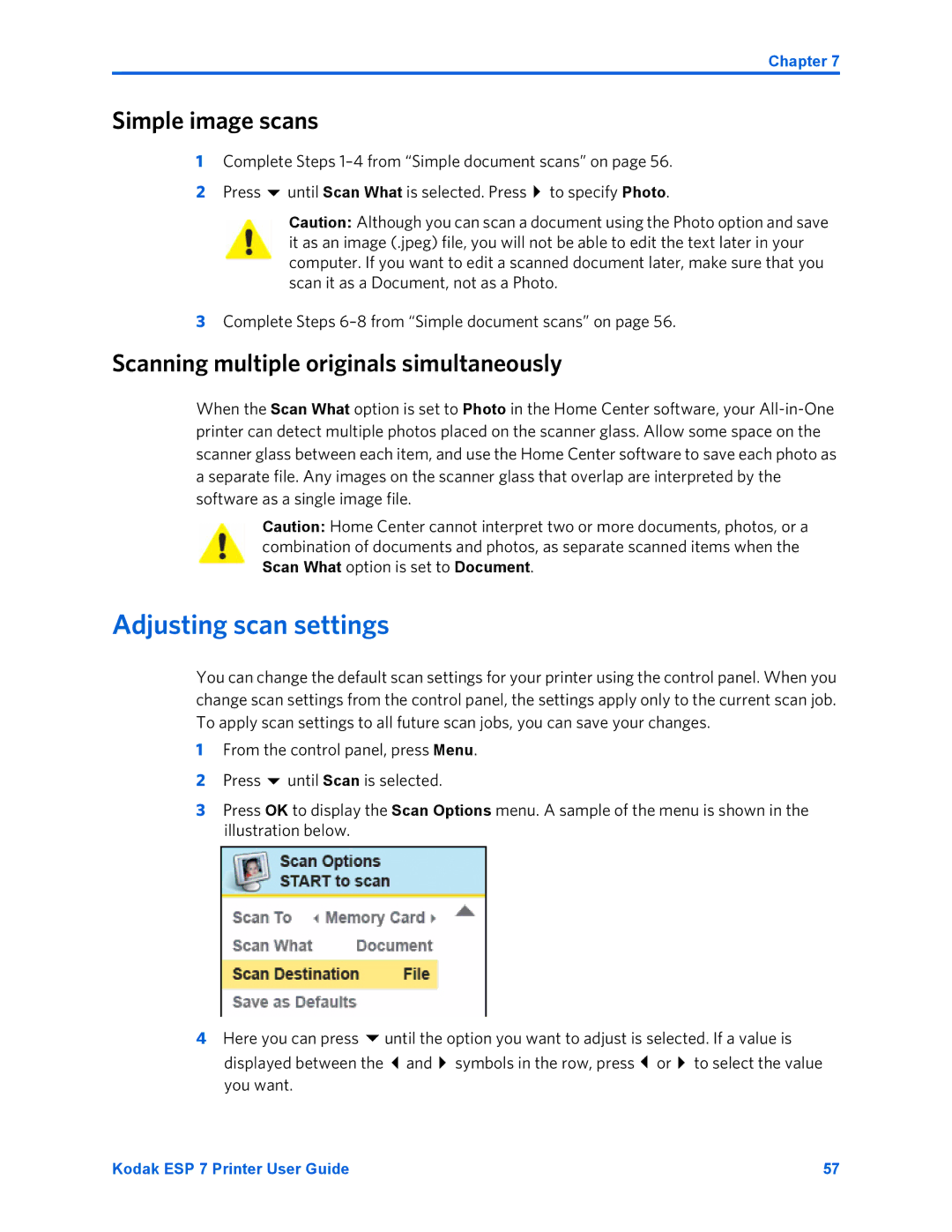 Kodak ESP 7 manual Adjusting scan settings, Simple image scans, Scanning multiple originals simultaneously 