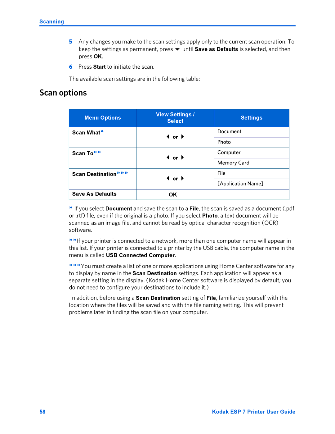 Kodak ESP 7 manual Scan options, Menu Options View Settings 