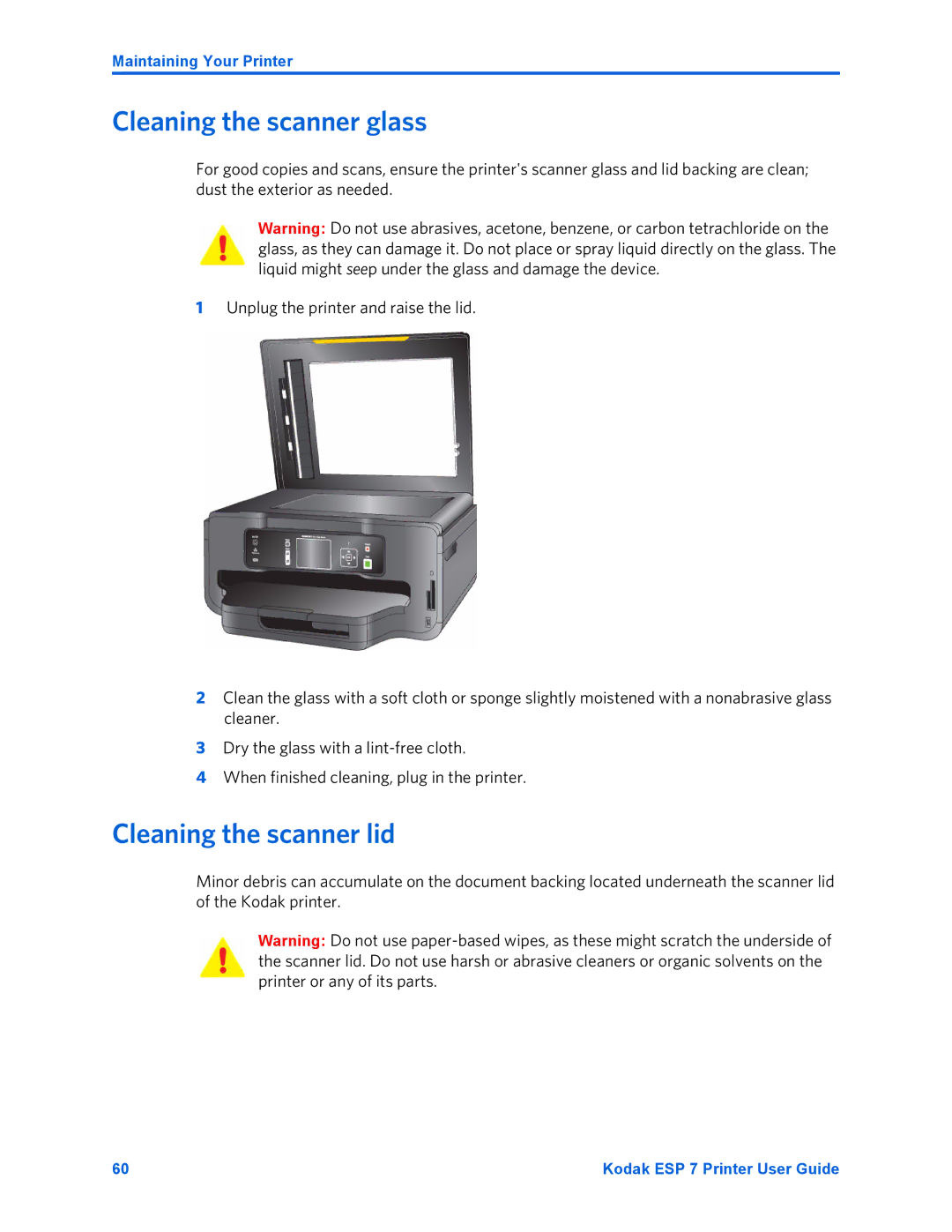 Kodak ESP 7 manual Cleaning the scanner glass, Cleaning the scanner lid 