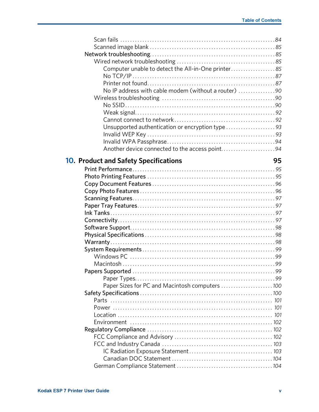 Kodak ESP 7 manual Product and Safety Specifications 