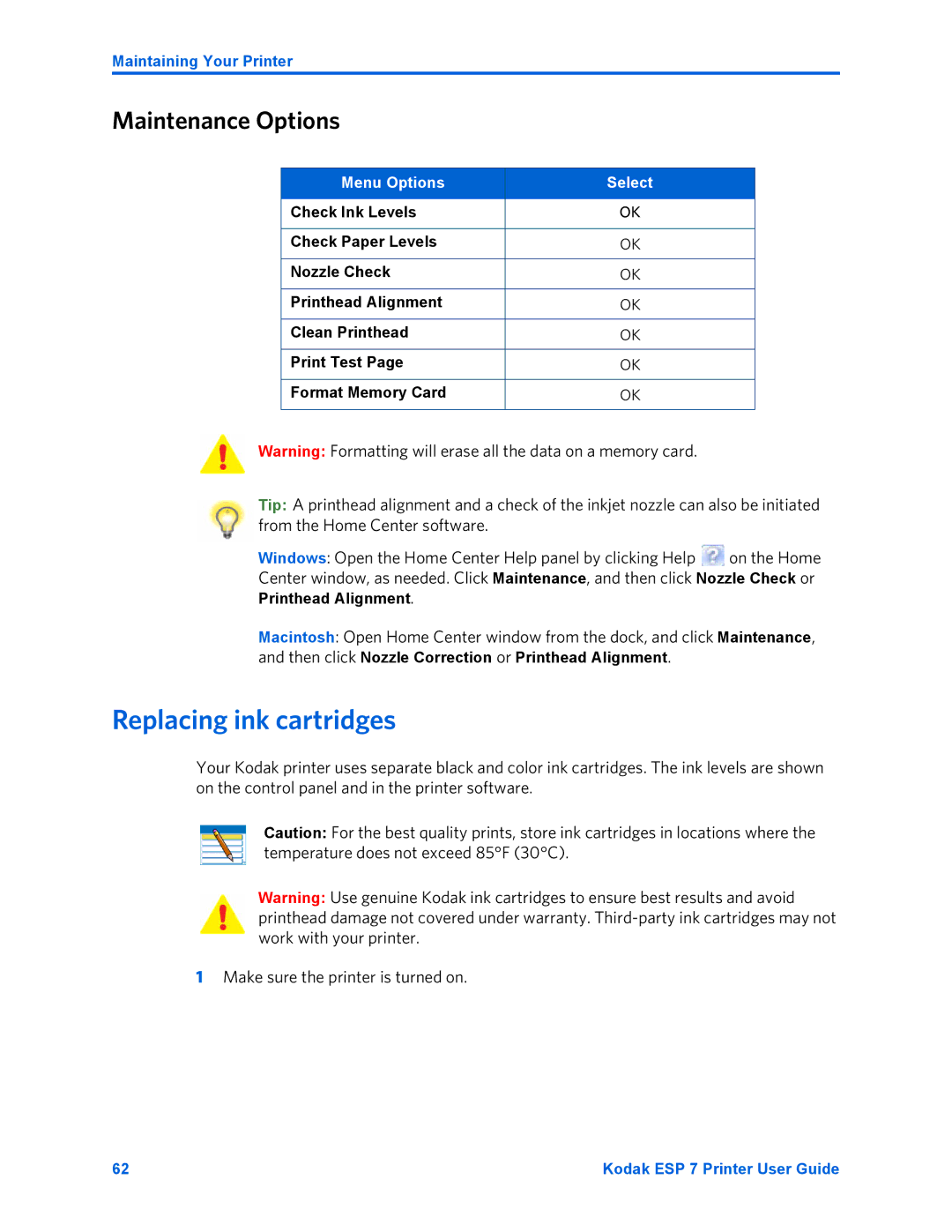 Kodak ESP 7 manual Replacing ink cartridges, Maintenance Options, Menu Options Select 