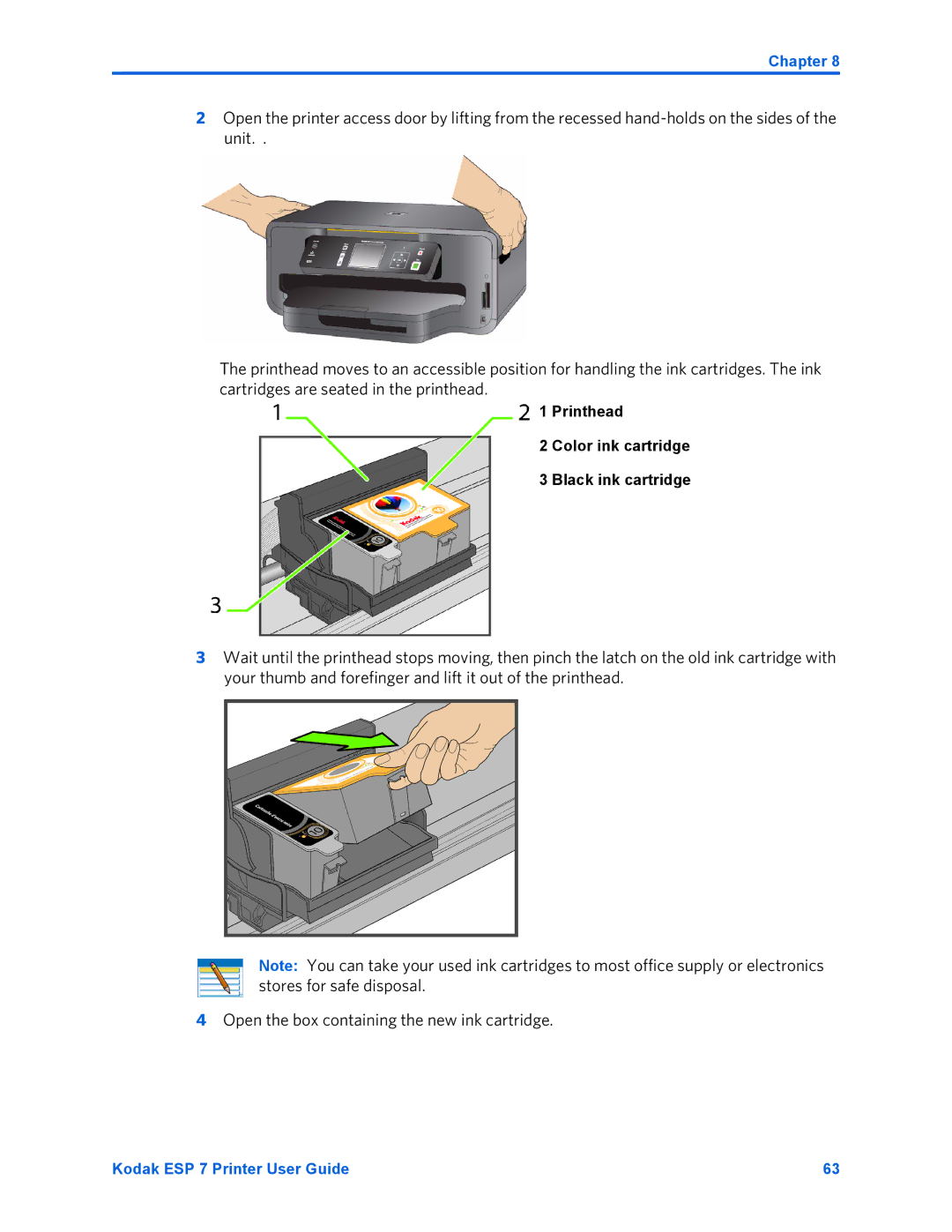 Kodak ESP 7 manual Printhead Color ink cartridge Black ink cartridge 