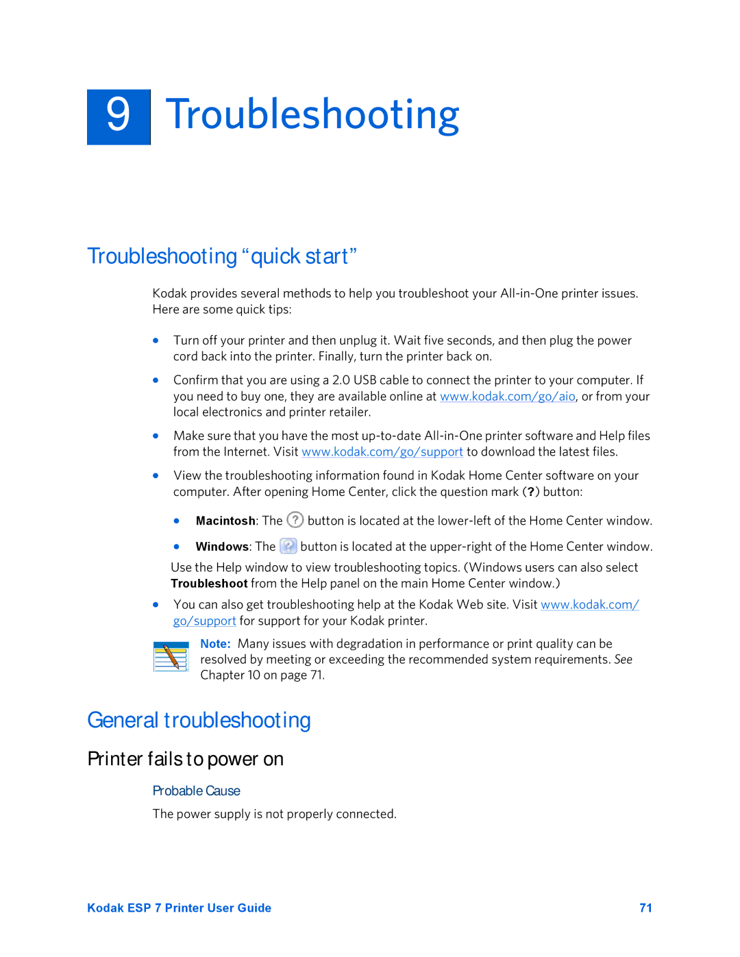 Kodak ESP 7 manual Troubleshooting quick start, General troubleshooting, Printer fails to power on 