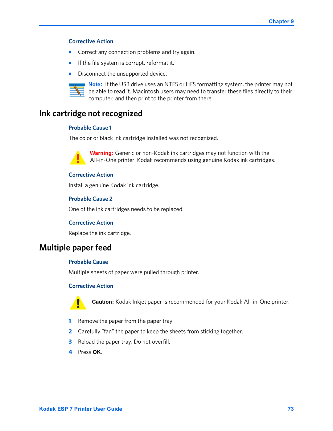 Kodak ESP 7 manual Ink cartridge not recognized, Multiple paper feed 