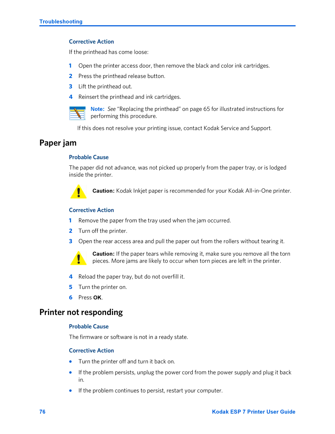 Kodak ESP 7 manual Paper jam, Printer not responding 