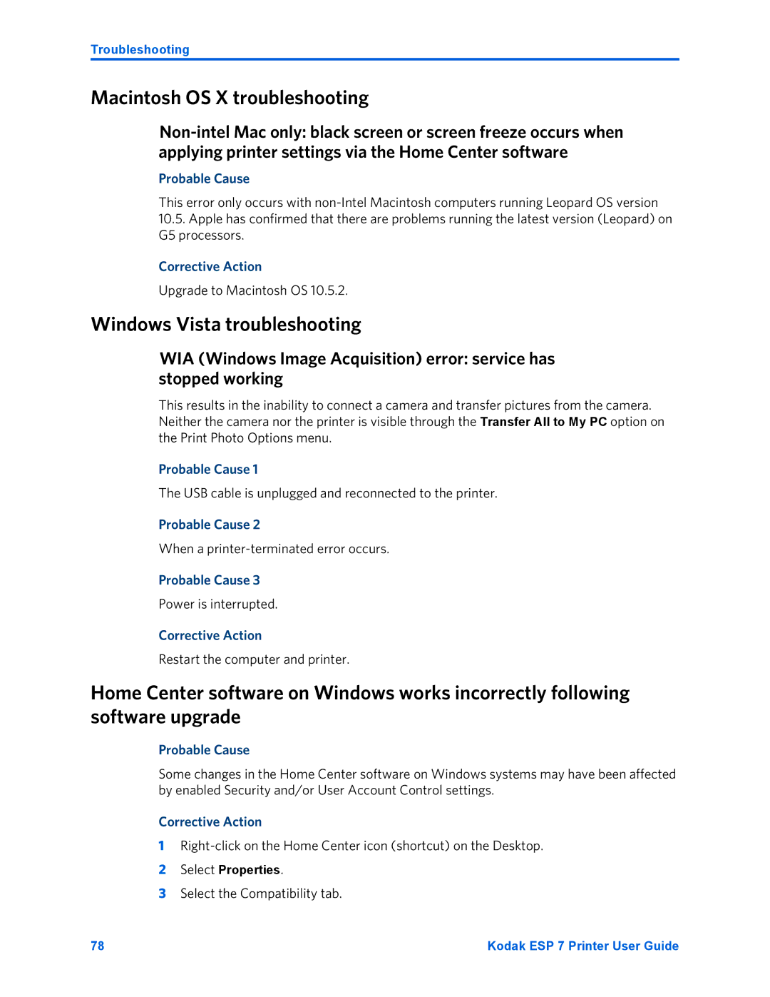 Kodak ESP 7 manual Macintosh OS X troubleshooting, Windows Vista troubleshooting 