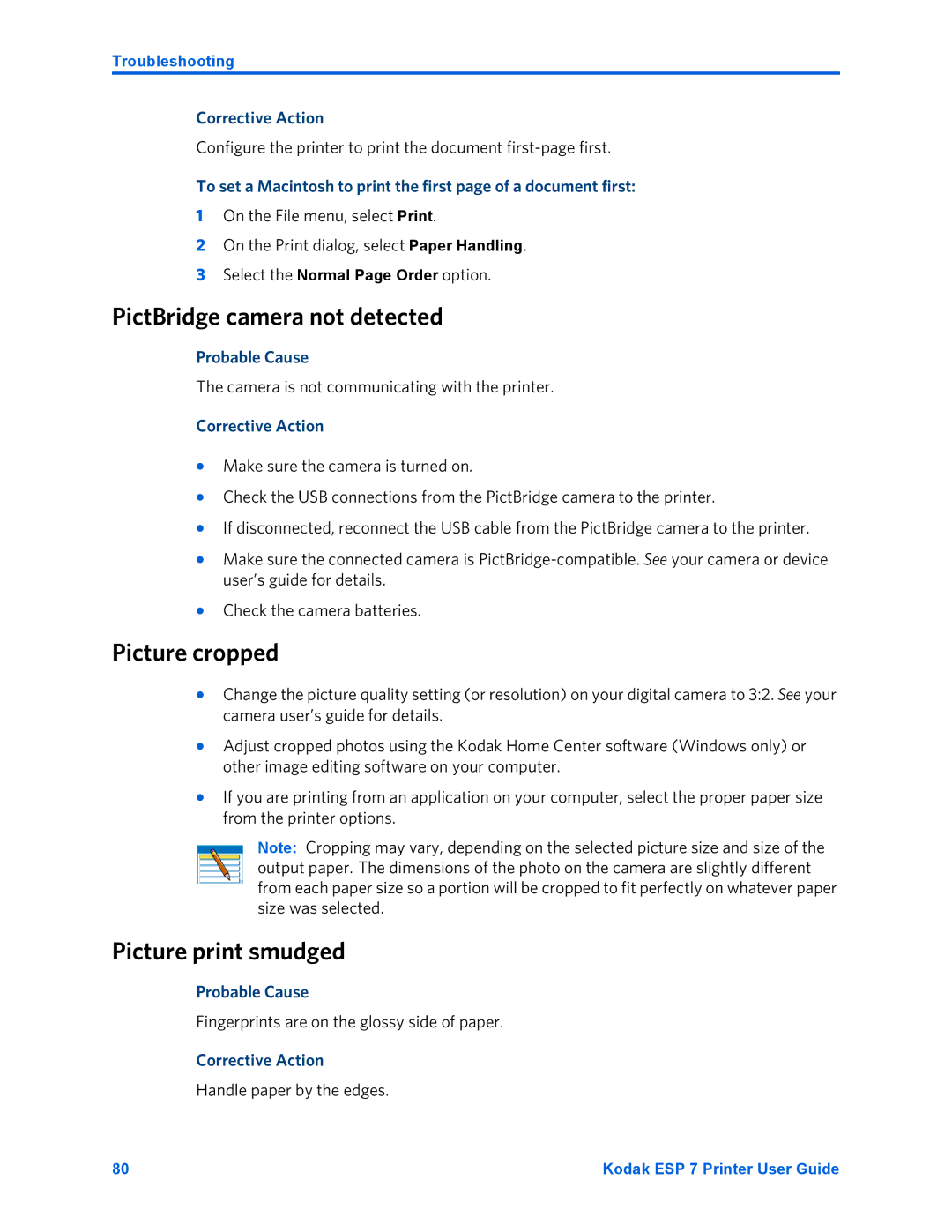 Kodak ESP 7 manual PictBridge camera not detected, Picture cropped, Picture print smudged 