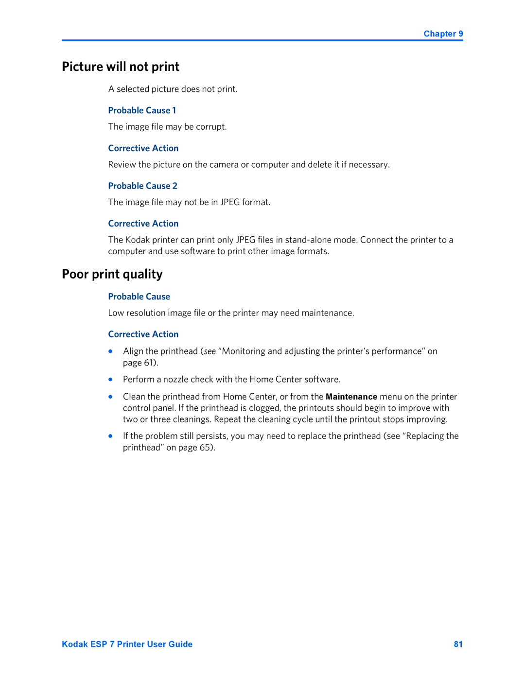 Kodak ESP 7 manual Picture will not print, Poor print quality 