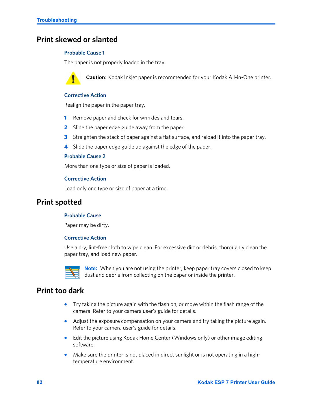 Kodak ESP 7 manual Print skewed or slanted, Print spotted, Print too dark 