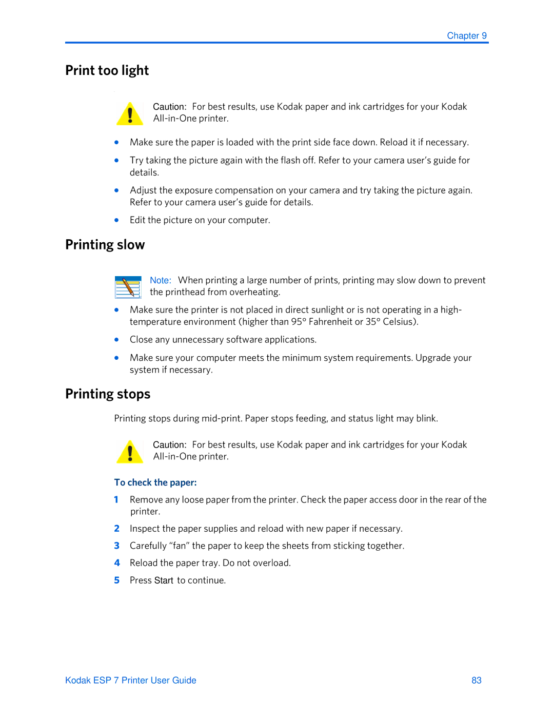 Kodak ESP 7 manual Printing slow, Printing stops 