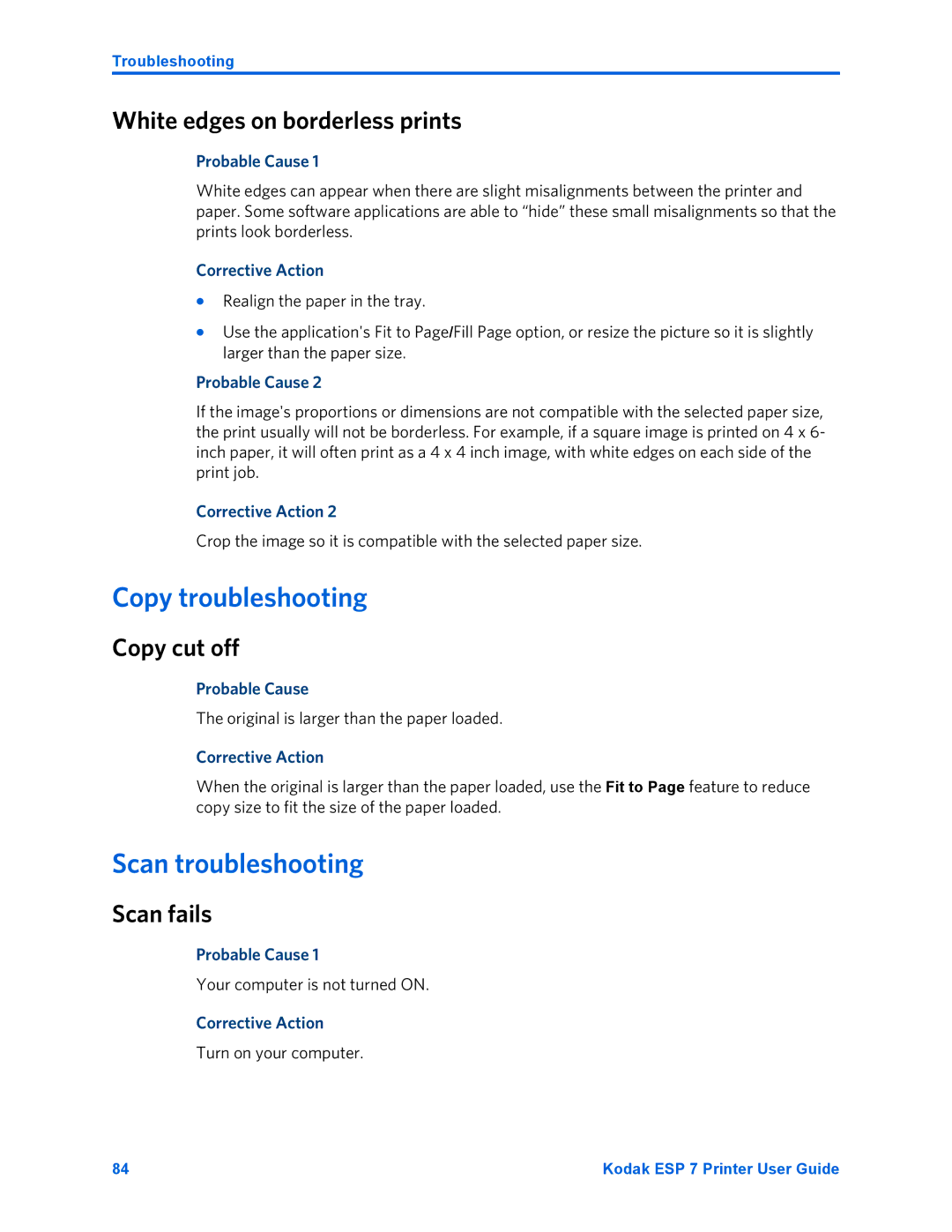 Kodak ESP 7 manual Copy troubleshooting, Scan troubleshooting, White edges on borderless prints, Copy cut off, Scan fails 