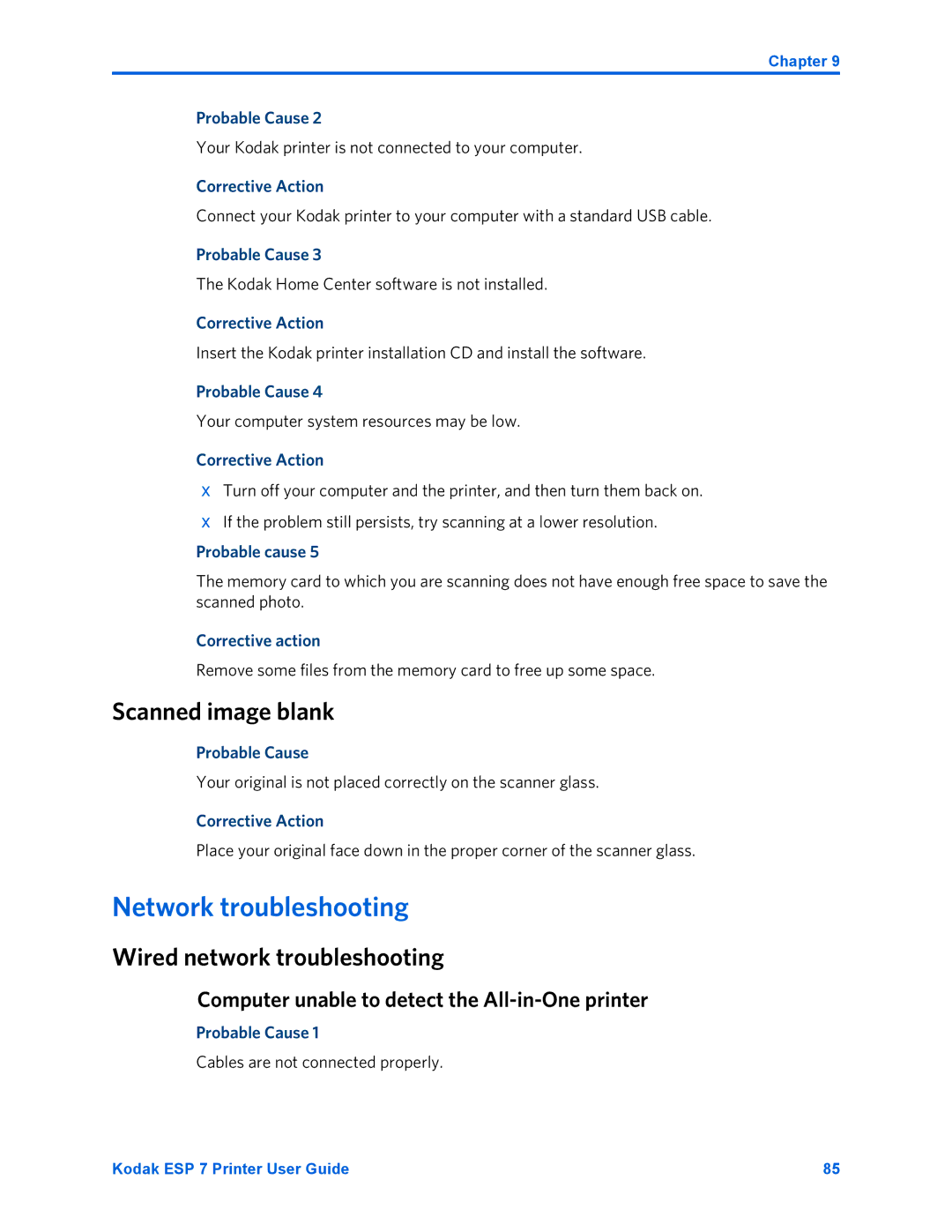 Kodak ESP 7 manual Network troubleshooting, Scanned image blank, Wired network troubleshooting 