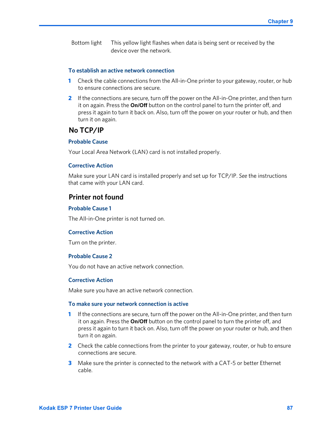 Kodak ESP 7 manual No TCP/IP, Printer not found 