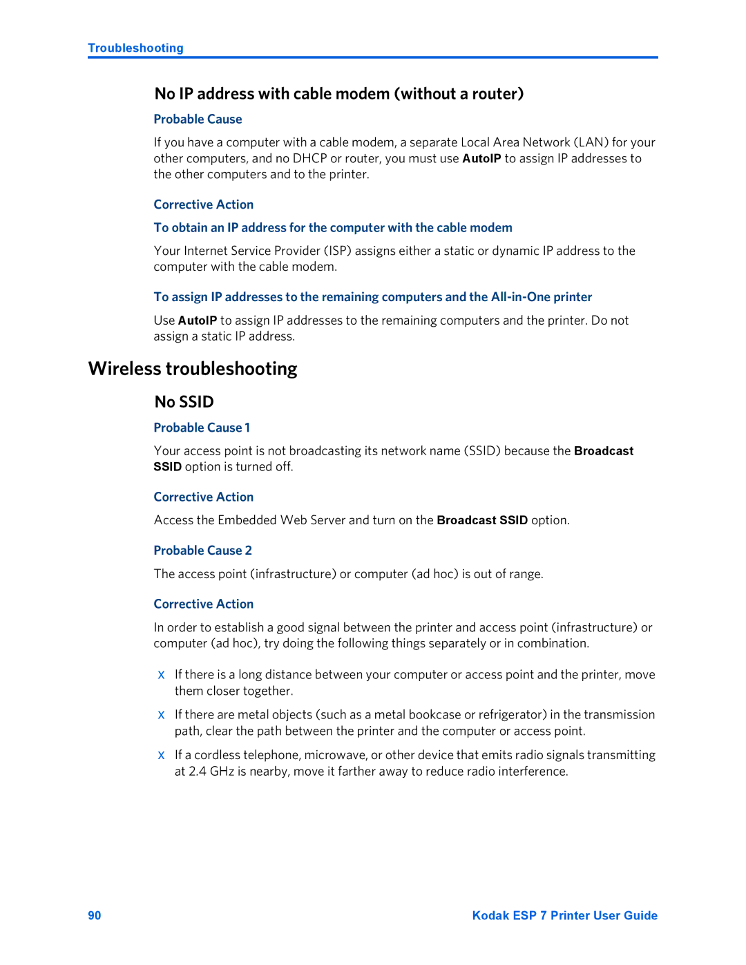 Kodak ESP 7 manual Wireless troubleshooting, No IP address with cable modem without a router, No Ssid 