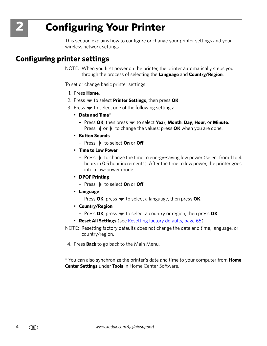 Kodak ESP 7200 Series manual Configuring Your Printer, Configuring printer settings 