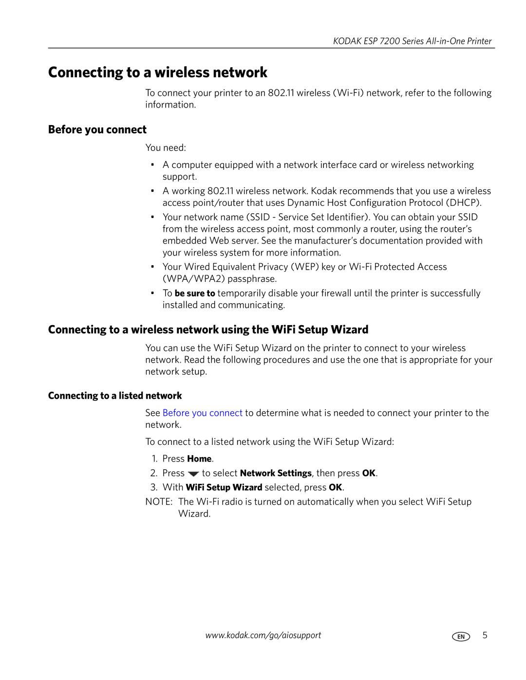 Kodak ESP 7200 Series manual Connecting to a wireless network, Before you connect, Connecting to a listed network 