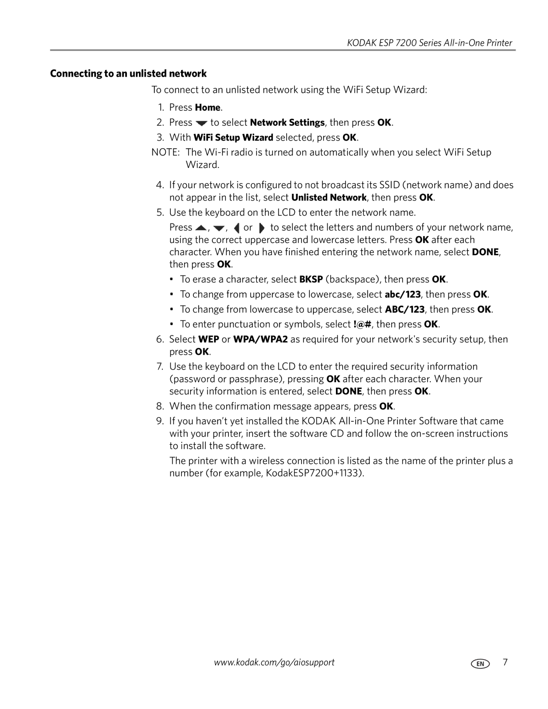 Kodak ESP 7200 Series manual Connecting to an unlisted network 