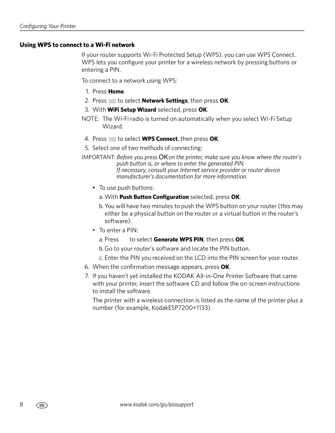 Kodak ESP 7200 Series manual Using WPS to connect to a Wi-Fi network, With Push Button Configuration selected, press OK 