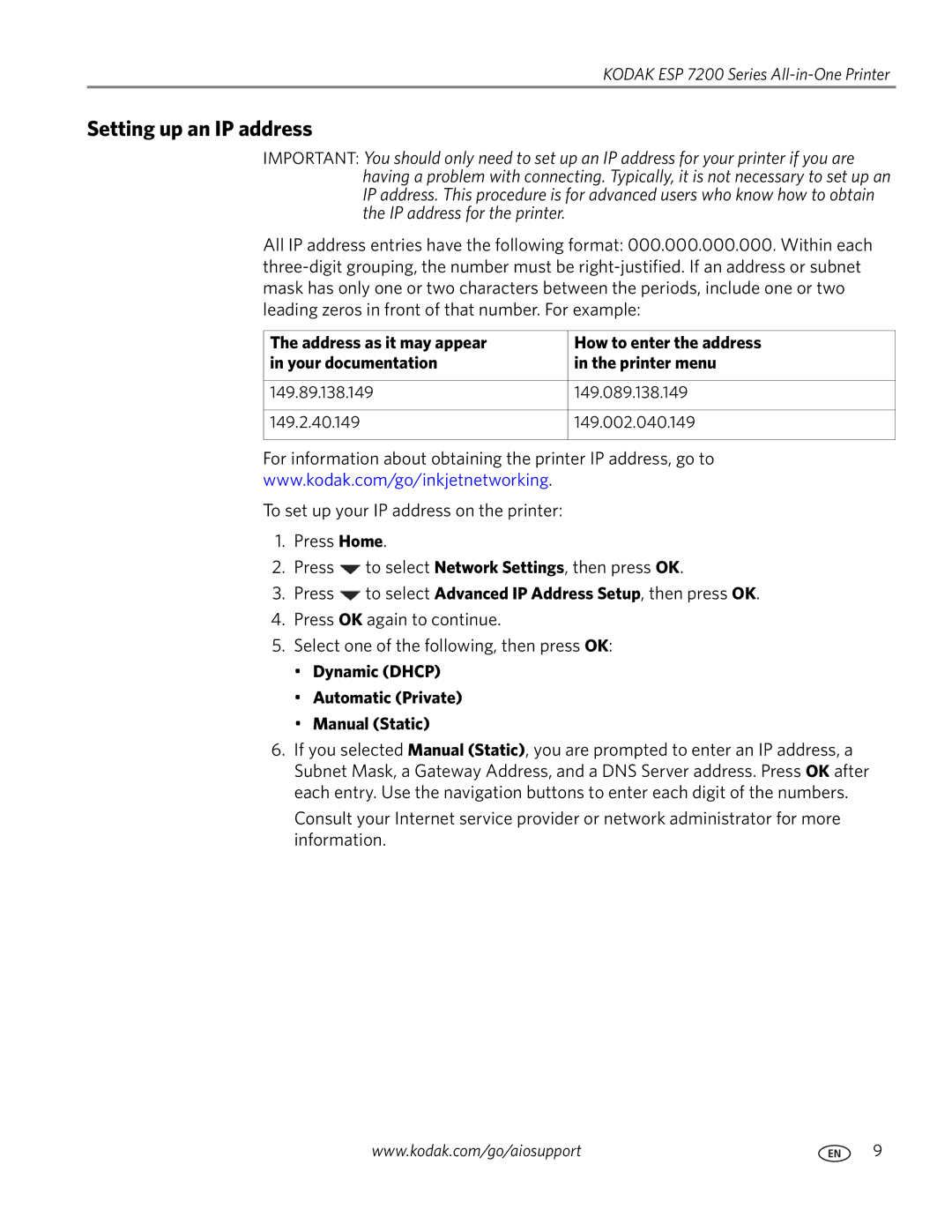 Kodak ESP 7200 Series manual Setting up an IP address, Dynamic Dhcp Automatic Private Manual Static 