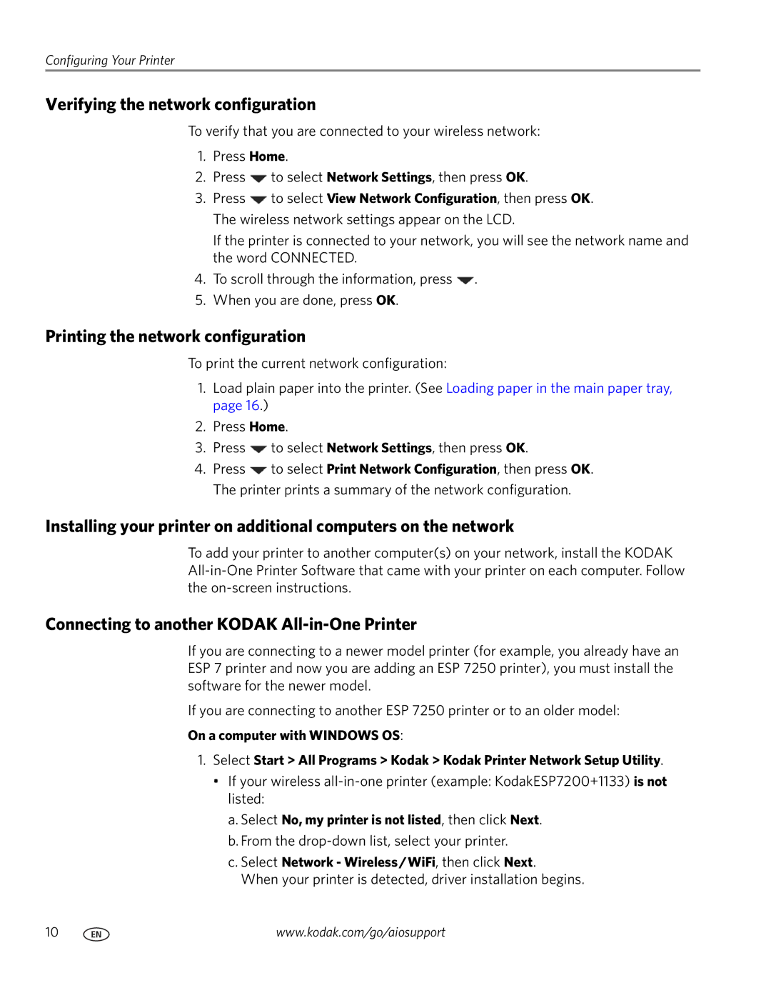 Kodak ESP 7200 Series manual Verifying the network configuration, Printing the network configuration 