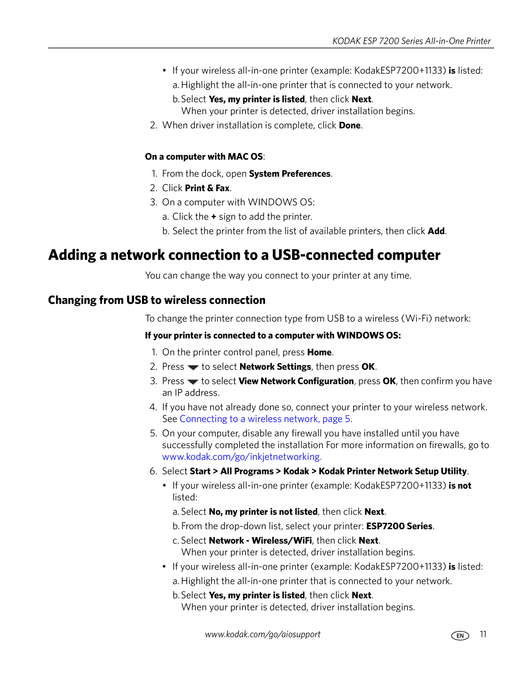 Kodak ESP 7200 Series Adding a network connection to a USB-connected computer, Changing from USB to wireless connection 